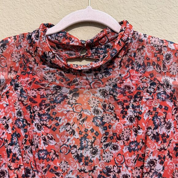 Free People All Dolled Up Top Womens Medium Red Floral Mesh Sheer High Neck Boho - Picture 4 of 10